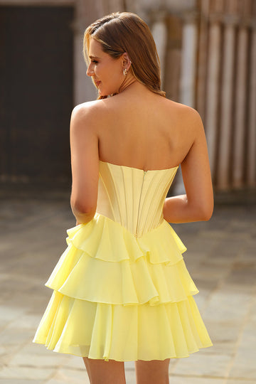 Strapless Yellow Corset A Line Tiered Short Homecoming Dress